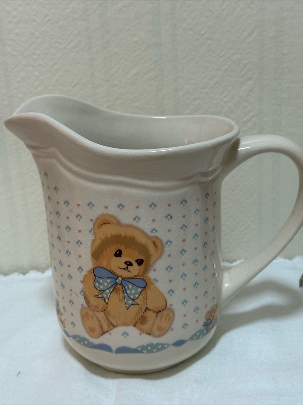 Ceramic Teddy Bear Pitcher with Blue Bow - Picture 2 of 11